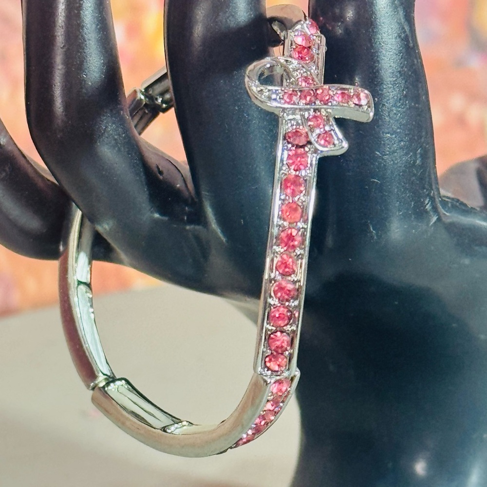Pink Ribbon Silver Rhinestone Bracelet - Picture 3 of 4